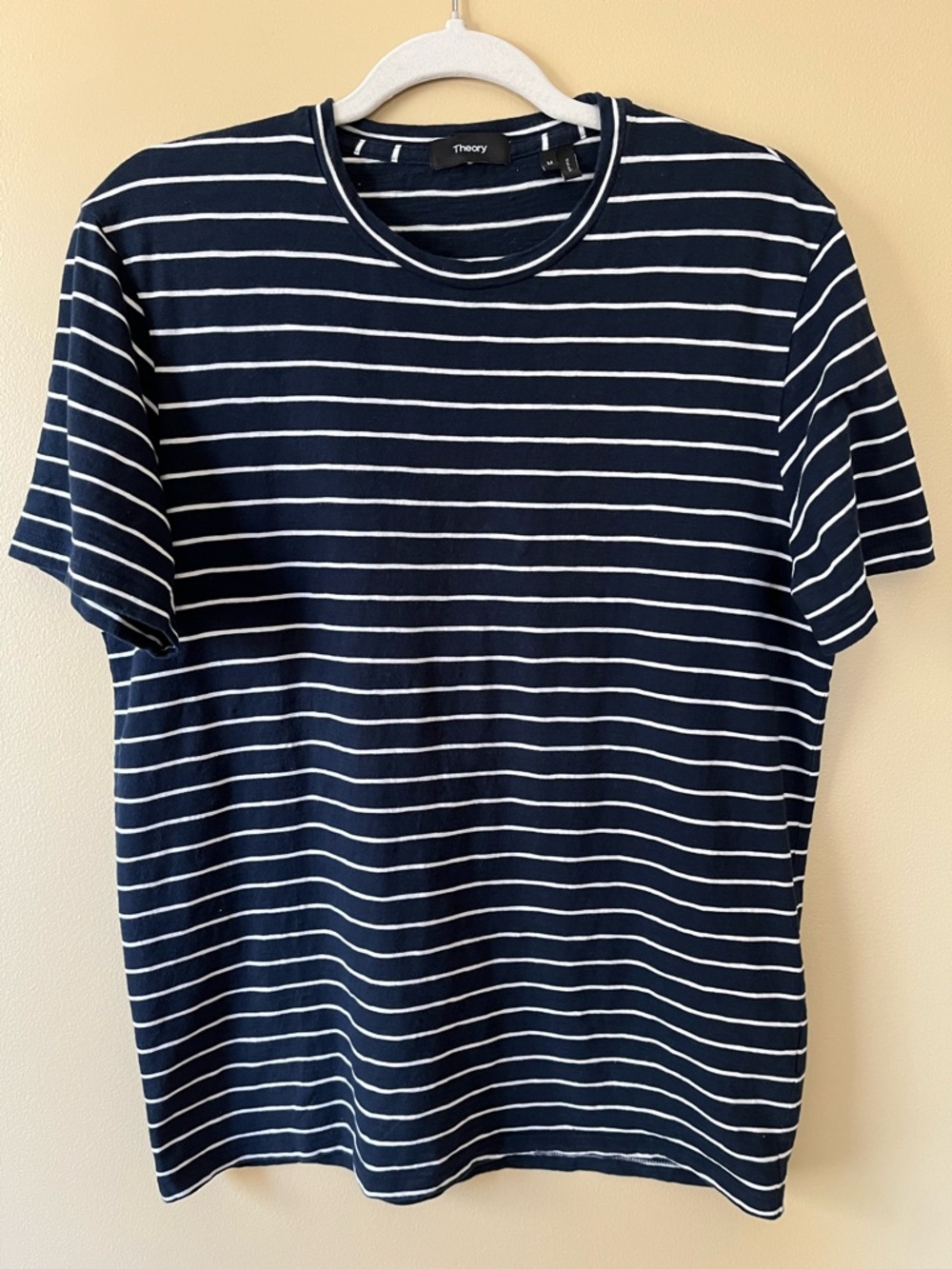 Theory Navy and White Striped Short Sleeve Relaxed Tee